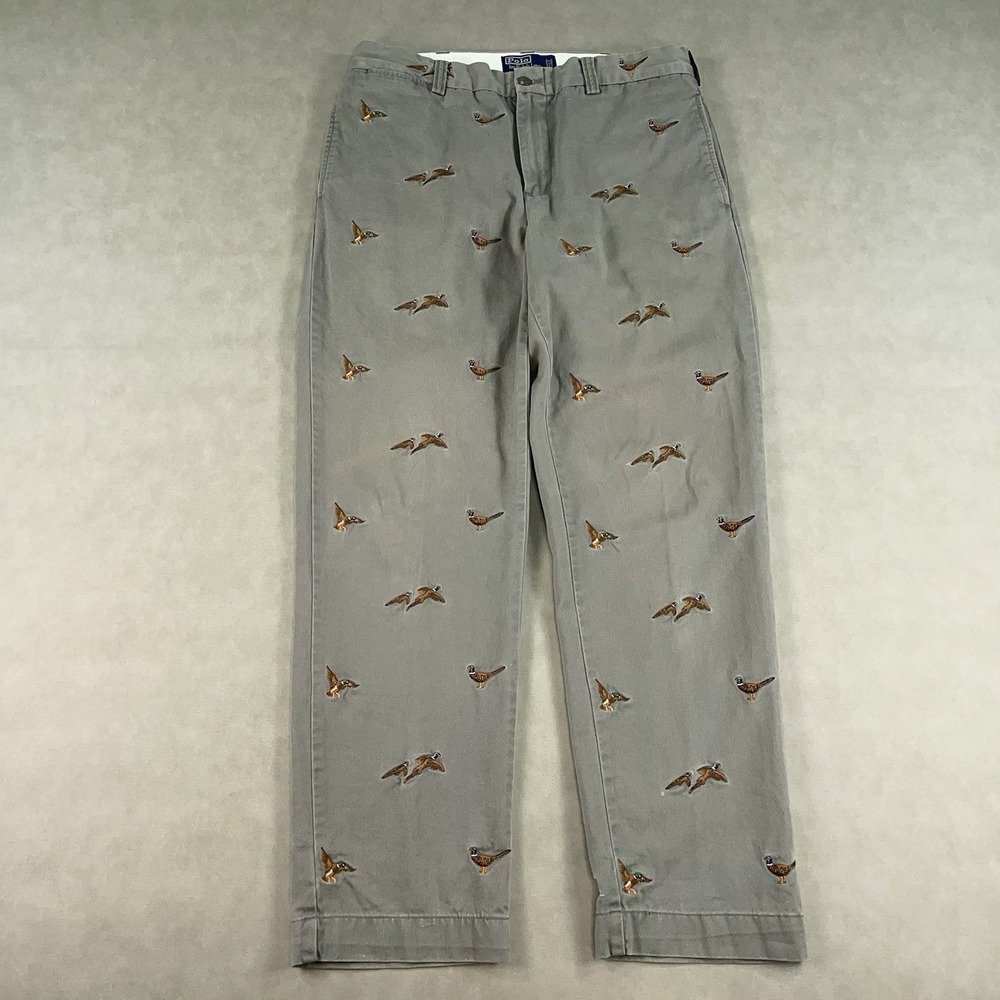 Polo Ralph Lauren Pants Mens 34x30 Beige Gray Embroidered Pheasant Quail Bird